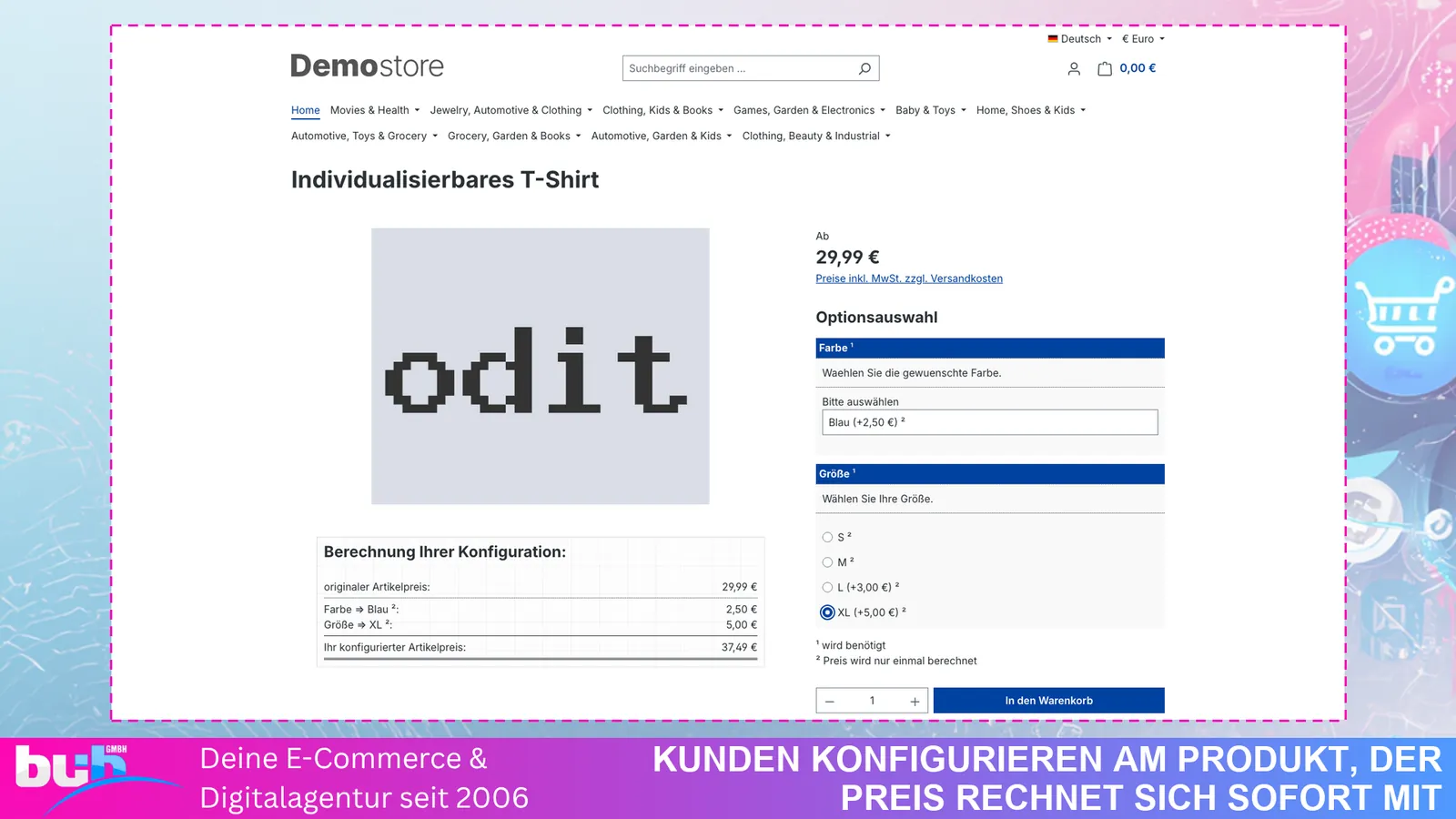Produktseite mit Konfigurator: Farbe und Größe wählen, die Berechnung zeigt Artikelpreis, Aufpreise und Endpreis