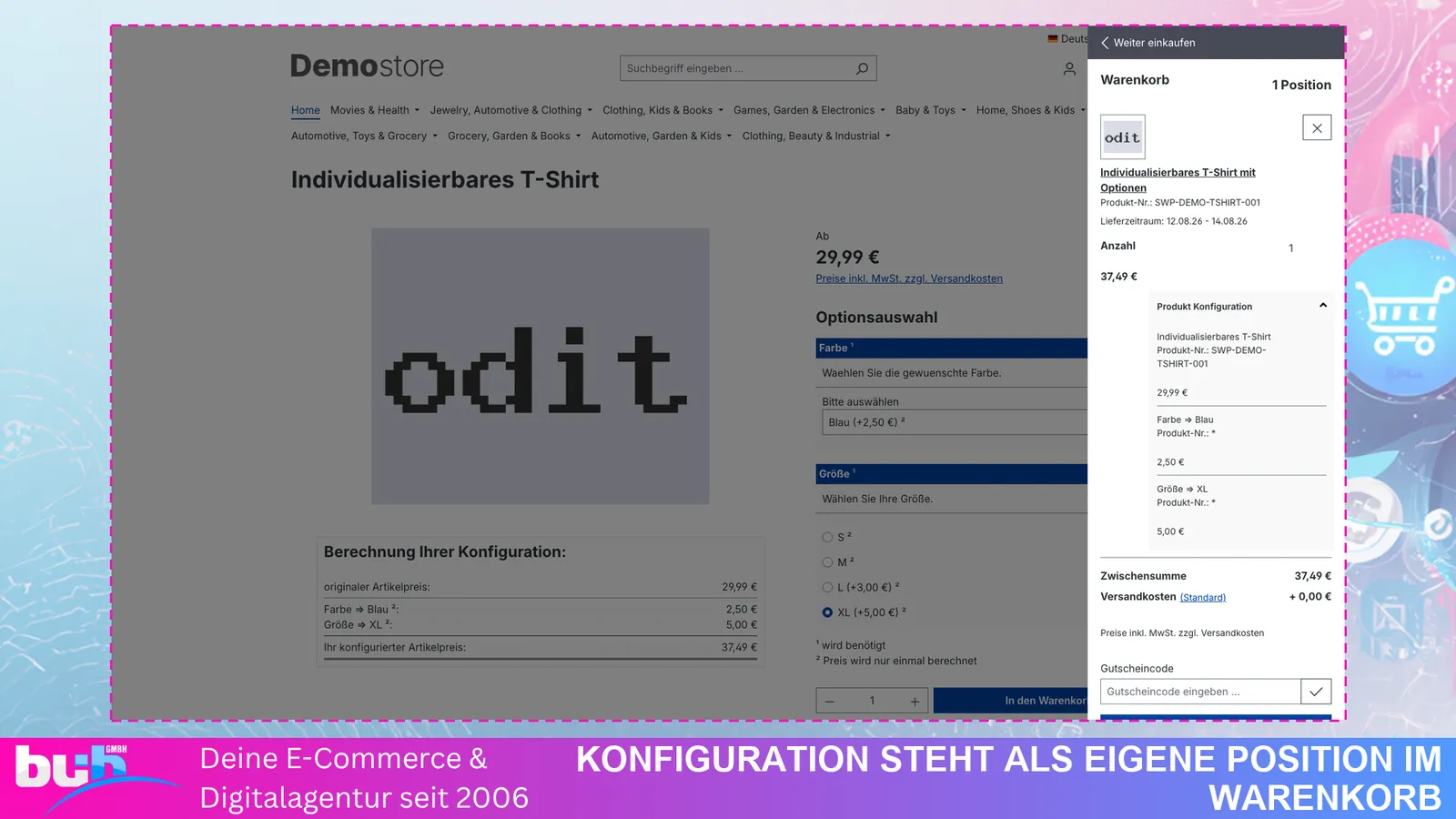 Warenkorb mit konfiguriertem Artikel und allen gewählten Optionen